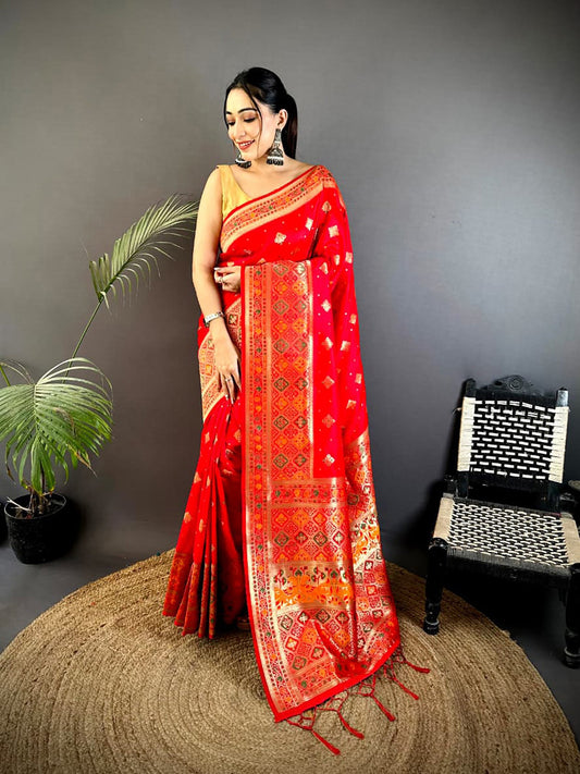 Joban Fashion Red Banarasi Lichi Silk Meenakari Weaving Saree
