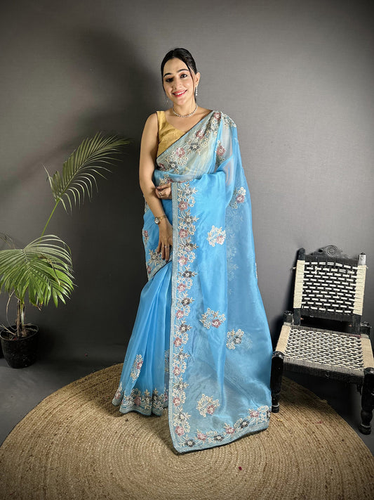 Joban Fashion Light Turquoise Organza Silk Dubble Sequence Saree