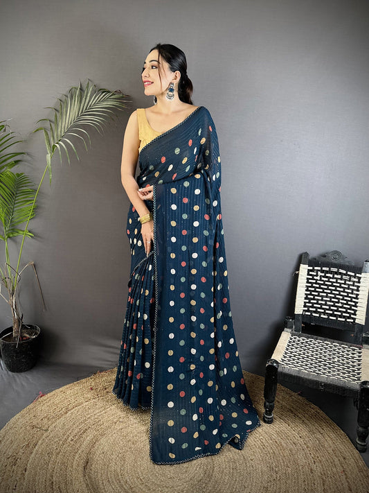 Joban Fashion Deep Blue Georgette Polka Dot Pattern Saree
