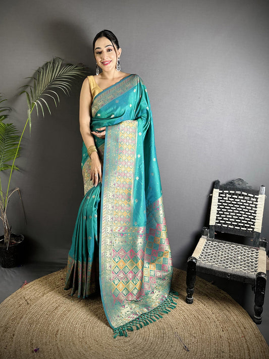 Joban Fashion Teal Green Soft Lichi Silk Multicolour Minakari Weaving Saree