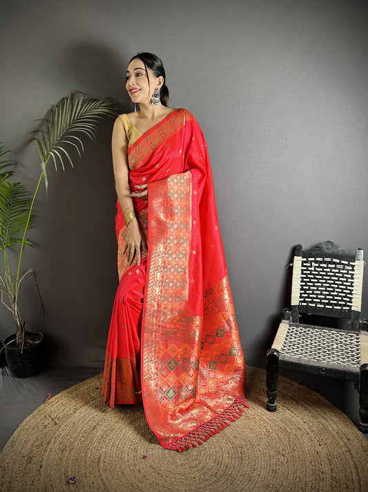 Joban Fashion Coral Red Soft Lichi Silk Multicolour Minakari Weaving Saree