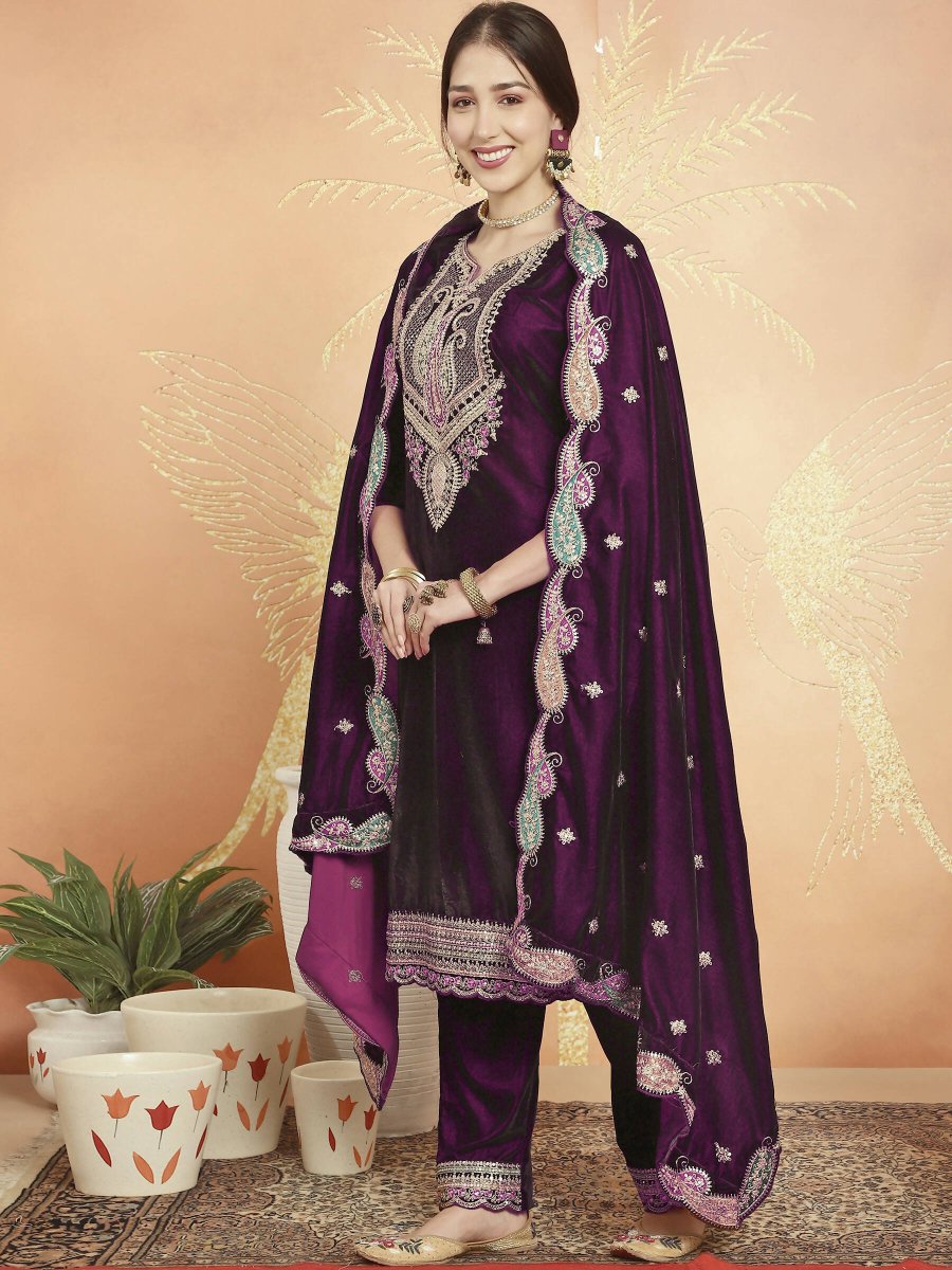 Aastha Fashion Women's Wine Velvet Cording with Resham Thread & Sequin Kurta with Trouser & Dupatta - Grab2buy
