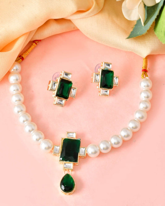 Jewels Nest Kundan Inspired Pearl and Green Stone Bridal Necklace | Grab2Buy