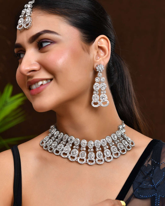 Jewels Nest Silver-Toned American Diamond Choker & Earrings Set Jewels Nest