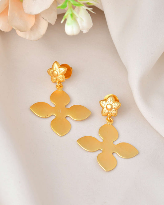 Jewels Nest Floral Bliss Drop Earrings | Elegant Matte Gold Designer Stud Danglers