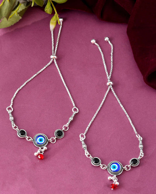 Jewels Nest Set of 2 Silver-Plated Beaded Anklets with Black & Blue Evil Eye Charms