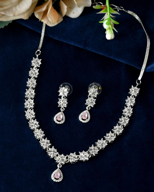 Jewels Nest Floral Design American Diamond Necklace Set with Pink Stone Drops Jewels Nest