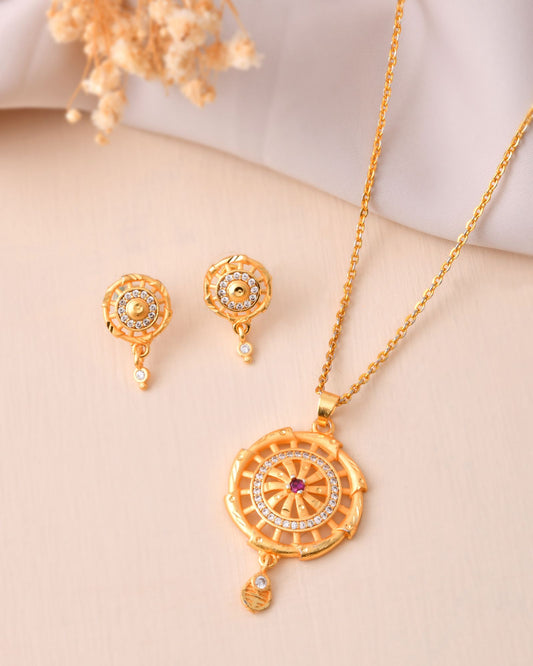Jewels Nest Gold-Plated Circular Stone Pendant Necklace Set With Matching Earrings For Women