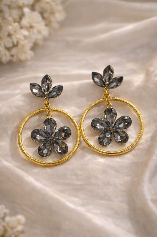 Jewels Nest Gold Plated Black Stone Floral Hoop Earrings For Women