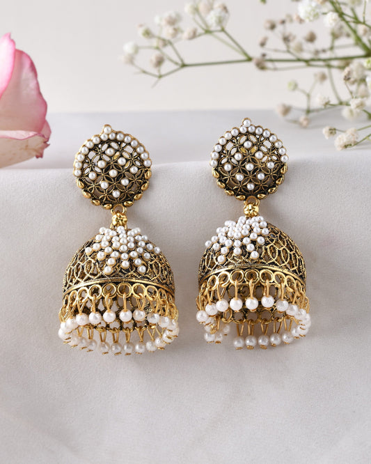 Jewels Nest Gold-Polished Pearl Jhumka Earrings – Traditional Ethnic Design | Grab2Buy