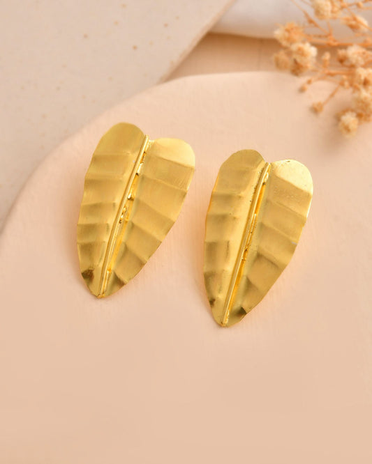 Jewels Nest Gold Leaf Textured Statement Stud Earrings For Women