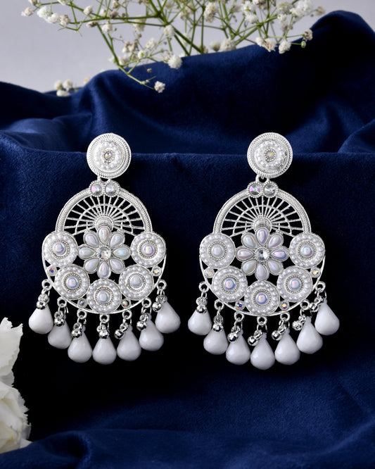 Jewels Nest Silver-Plated White Stone Chandelier Earrings with Floral and Beaded Detailing - Swadesiicart