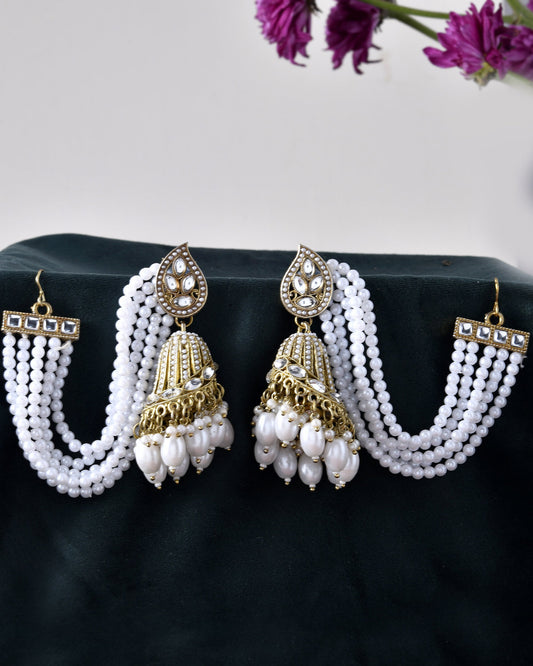 Jewels Nest Grand Traditional Gold and Pearl Jhumka Earrings with Kundan and Layered Pearl Strings Jewels Nest