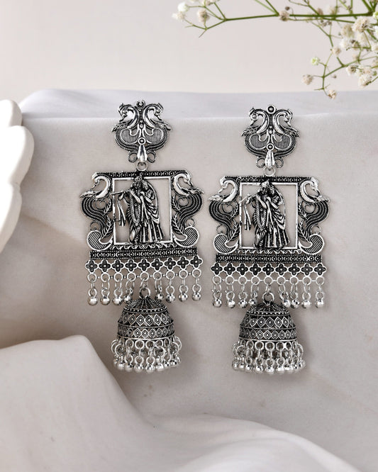 Jewels Nest Antique Silver Temple Jhumka Earrings with Intricate Detailing - Swadesiicart