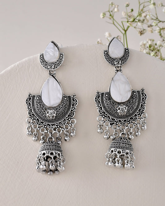 Jewels Nest Oxidized Silver Half Moon Jhumka Earrings with Intricate Design - Swadesiicart