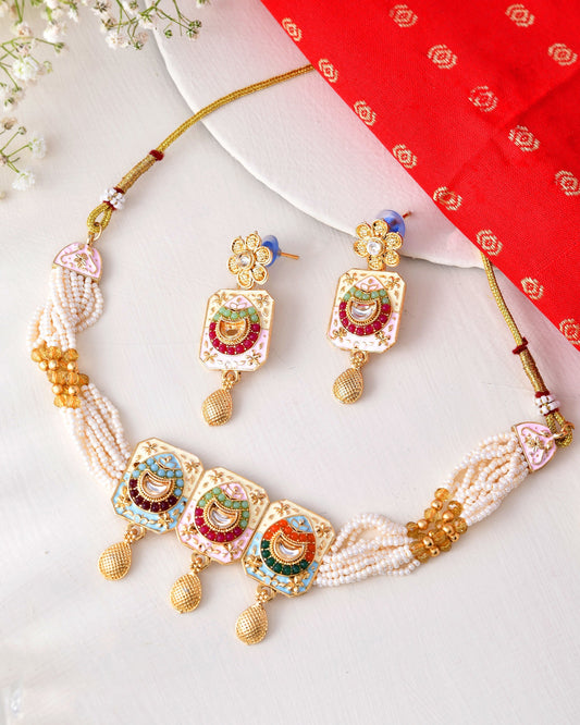 Jewels Nest Traditional Gold-Polished Kundan & Pearl Multi-Color Necklace and Earrings Set for Women | Grab2Buy