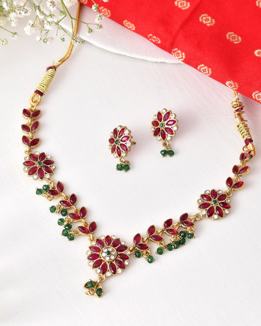 Jewels Nest Traditional Ruby and Emerald Floral Necklace & Earrings Set | Grab2Buy