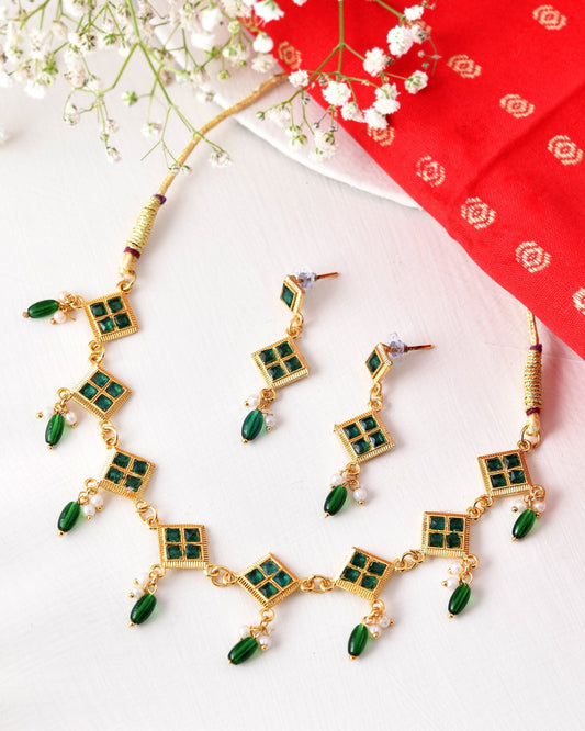 Jewels Nest Elegant Green Square Drop Necklace & Earrings Set | Grab2Buy