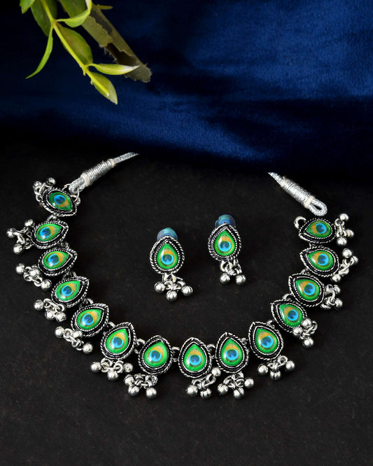 Jewels Nest Oxidised Silver Peacock Feather Necklace with Matching Earrings Set Jewels Nest