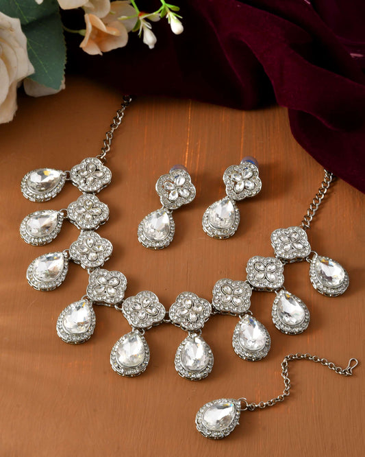 Jewels Nest Elegant Silver-Tone Crystal Drop Necklace for Weddings & Party Wear | Grab2Buy