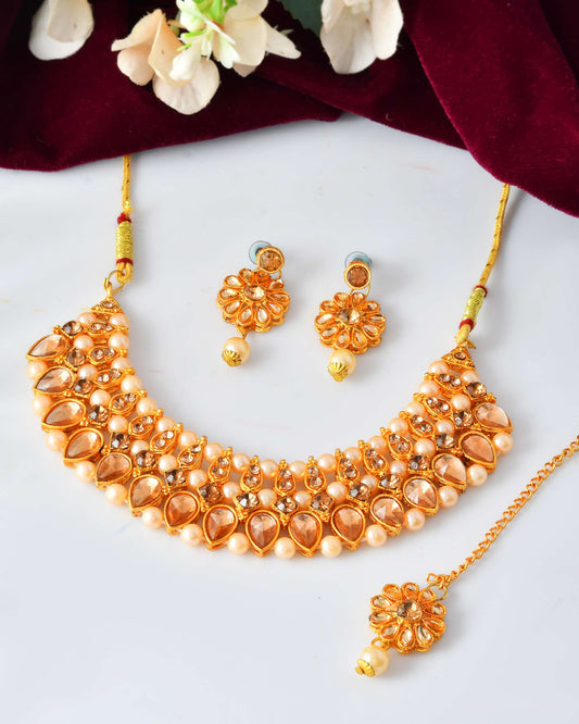 Jewels Nest Gold-Plated Kundan-Style Choker Necklace Set with Pearls & Earrings – Ethnic Wedding Jewellery | Grab2Buy