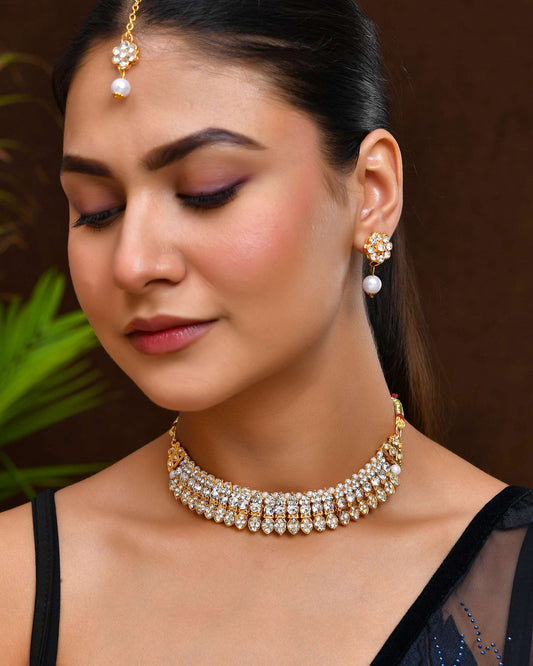 Jewels Nest Gold-Plated American Diamond Studded & Beaded Choker Jewellery Set | Grab2Buy