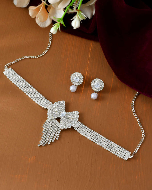 Jewels Nest American Diamond-Studded & Pearl Droplet Silver Choker Set | Grab2Buy