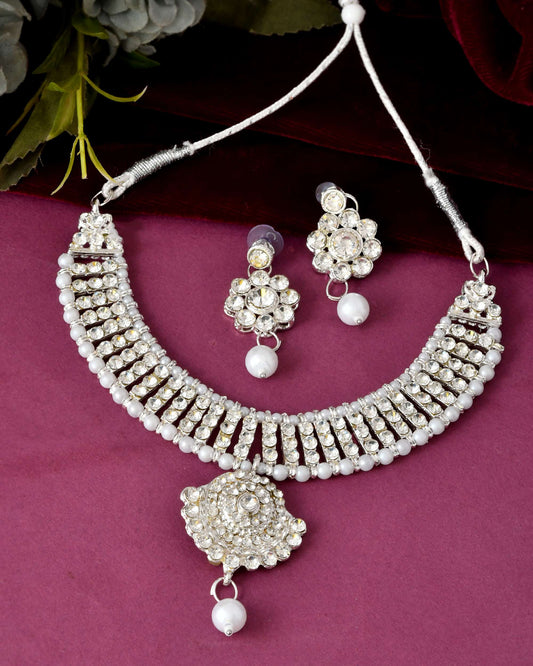 Jewels Nest Dazzling Occasion-Wear Set in Radiant Silver Finish and White Detailing | Grab2Buy
