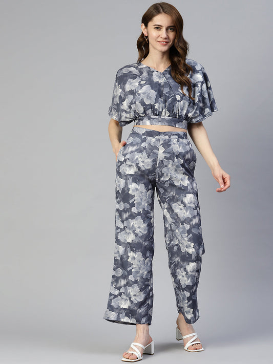 Jainish Women's Grey Printed Crop Top With Palazzos