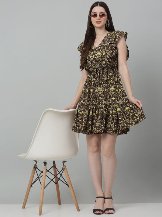 Jainish Women's WoPrinted Tiered Dress with frills - Coffee