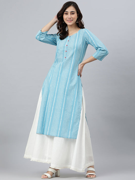 Indian Clothing Janasya Women's Blue Cotton Striped Casual Straight kurta | Grab2Buy