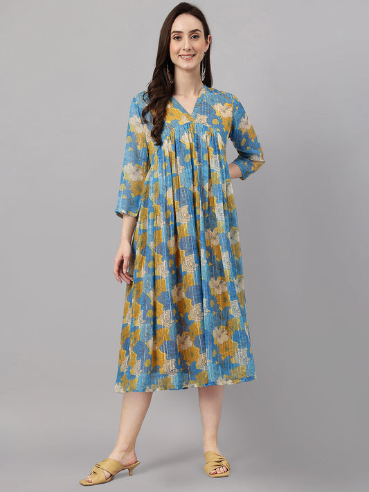 Janasya Women's Yellow Chiffon Lurex Floral Printed Flared Casual Dress