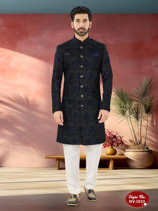 Joban Fashion Men's Blue Base Straight Velvet Thread And Sequence Embroidary All Over Indo-Western Kurta Set