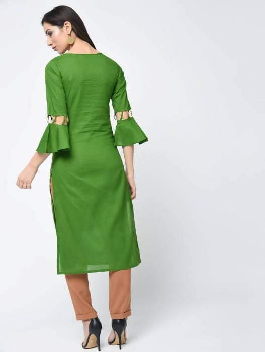Aniyah Cotton Criss Cross Bell Sleeves Straight Kurta In Green (AN-101A)
