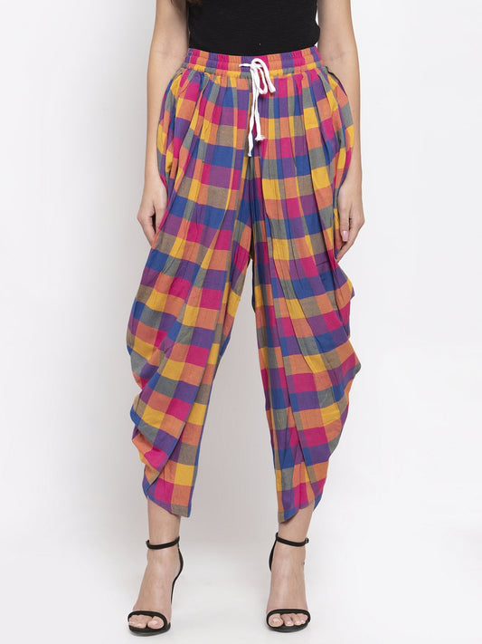 Jompers Women Pink and Yellow Checked Dhoti