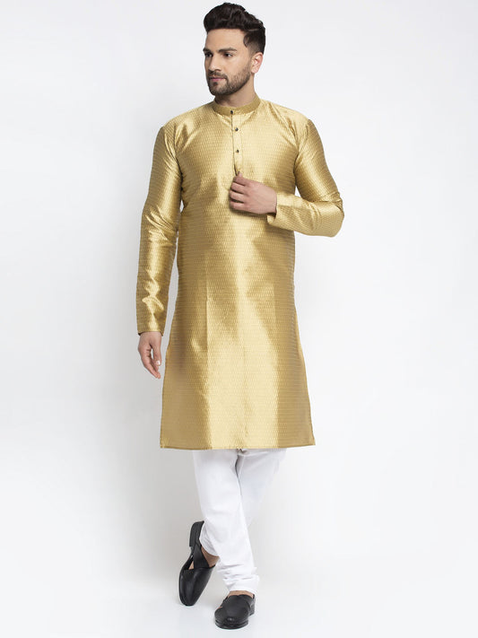 Jompers Men Mustard & White Woven Design Kurta with Pyjamas