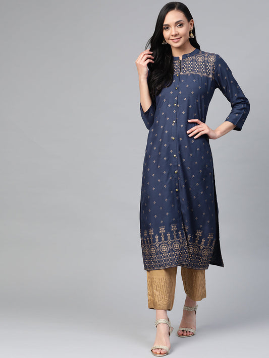 Jompers Women Navy Blue & Golden Block Print Straight Kurta