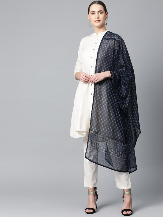 Jompers Women Off-White & Navy Blue Solid Kurta with Trousers & Dupatta