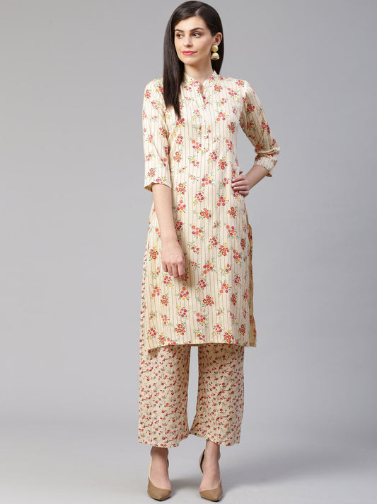 Jompers Women Cream-Coloured & Red Floral Print Kurta with Palazzos