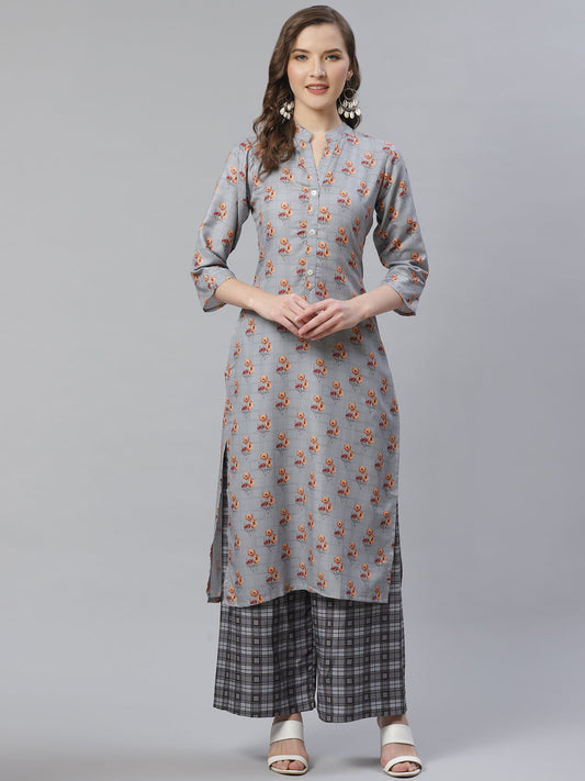 Jompers Women Grey & Beige Floral Printed Kurta with Palazzos
