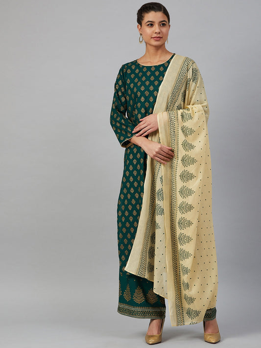 Jompers Women Green & Golden Printed Kurta with Palazzos & Dupatta
