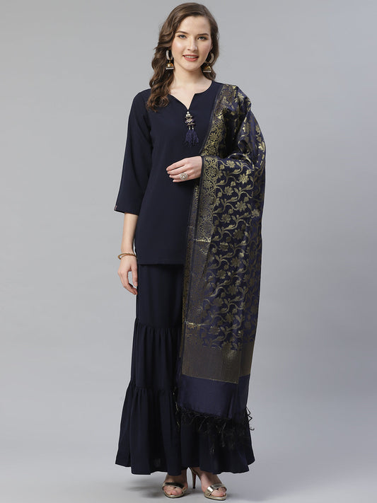 Jompers Women Navy Blue & Golden Solid Kurti with Sharara & Woven Design Dupatta