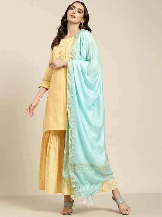 Jompers Women's Yellow Woven Design Gotta Patti Kurta with Sharara & Dupatta