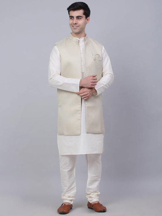 Jompers Men's Solid Kurta Pyjama With Shrug Jacket - Beige