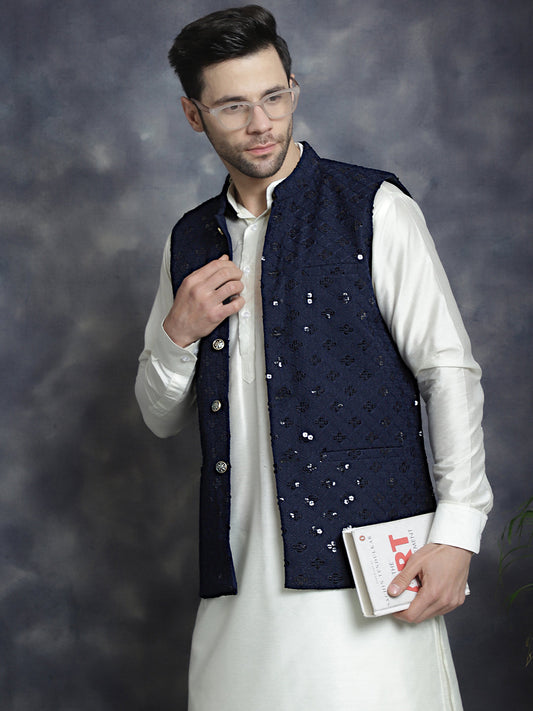 Jompers Men's Sequins and Embroidred Nehru Jacket With Solid Kurta Pyjama - Navy Blue