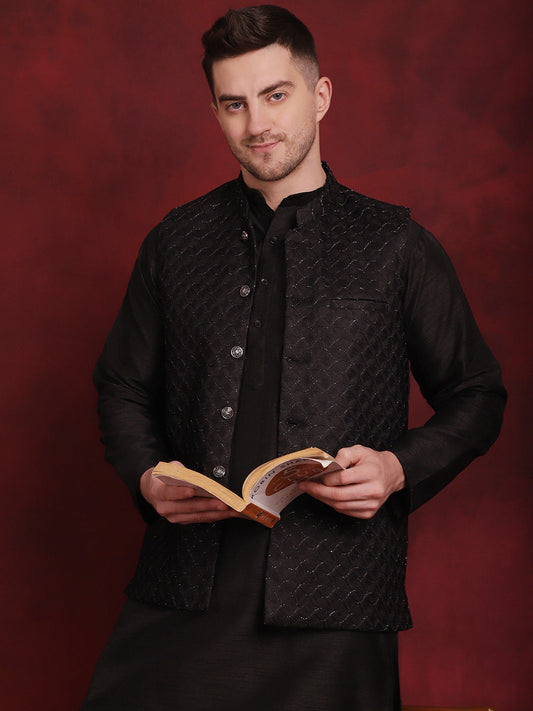Jompers Men's Black Woven Design Nehru Jacket With Kurta Pyjama Set