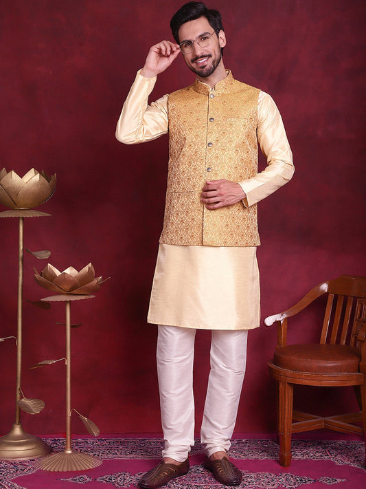 Jompers Men's Woven Design Nehru Jacket With Kurta Pyjama Set - Mustard
