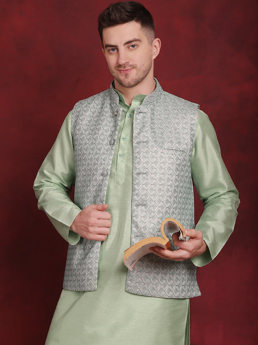 Jompers Men's Green Woven Design Nehru Jacket With Kurta Pyjama Set