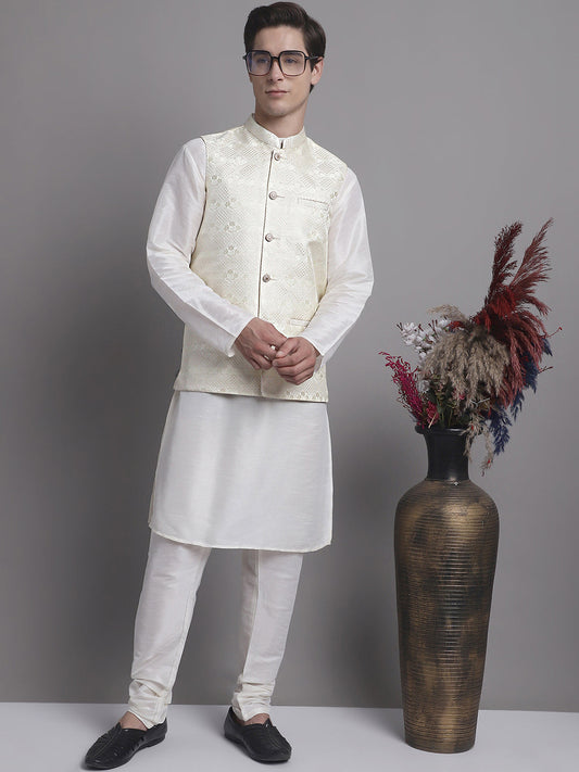 Jompers Men's Cream Woven Design Nehru Jacket With Solid Kurta Pyjama