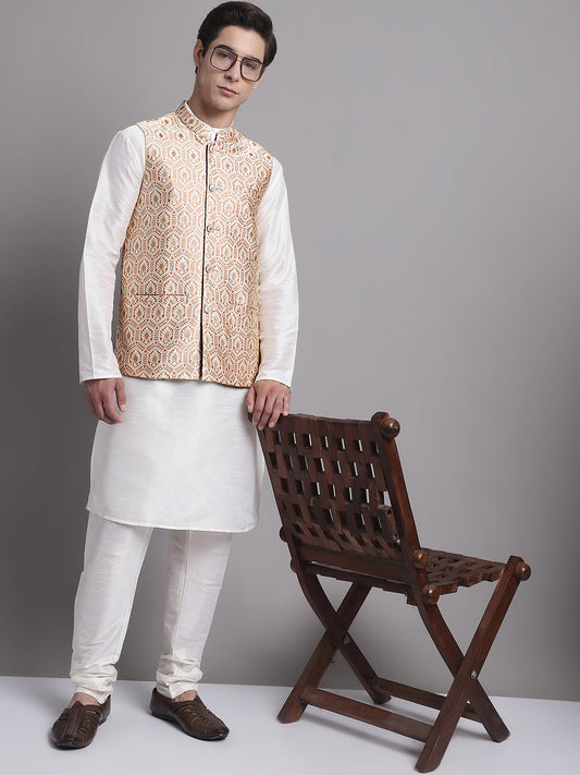 Jompers Men's Peach Woven Design Nehru Jacket With Solid Kurta Pyjama